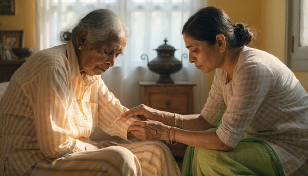 Elderly Indian woman in adaptive clothing being helped by a caregiver at home