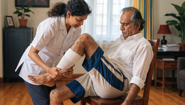 Indian patient in adaptive recovery shorts with physiotherapist after hip or knee replacement surgery