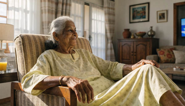 Smiling elderly Indian woman in comfortable velcro adaptive nighty at home