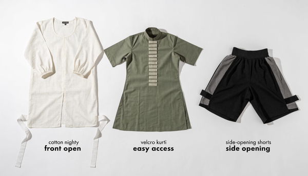 Flat lay of Indian adaptive clothing collection — front-open nighty, velcro kurti and side-opening shorts