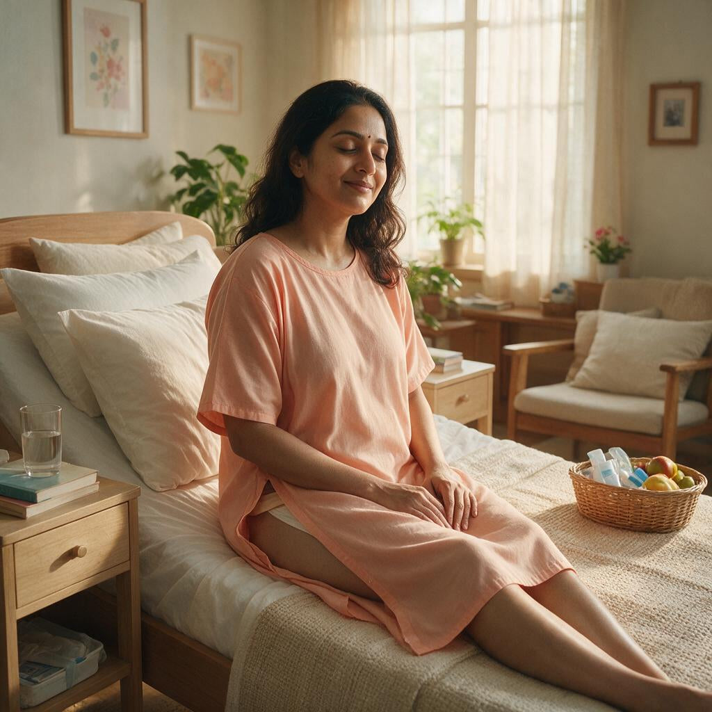 Indian woman in post-surgery recovery wearing adaptive clothing after operation
