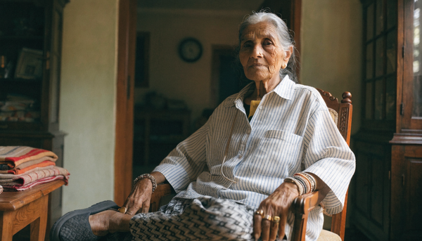 Dignified elderly Indian woman in comfortable adaptive clothing at home