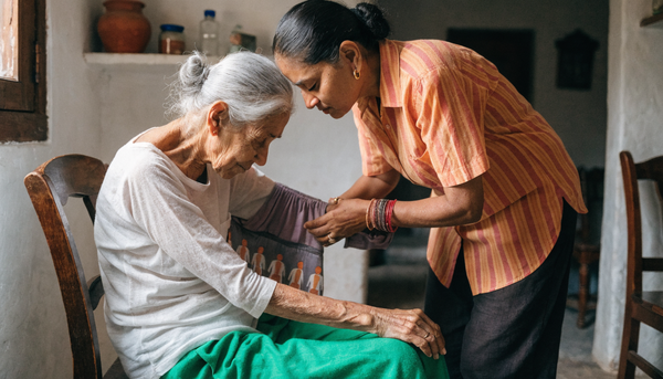 Indian daughter helping elderly mother with adaptive clothing — caregiver support at home