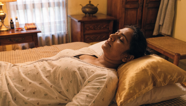 Indian woman patient resting in soft cotton front-open adaptive nighty at home