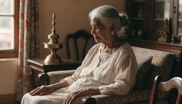 Elegant elderly Indian woman in comfortable adaptive clothing sitting peacefully at home