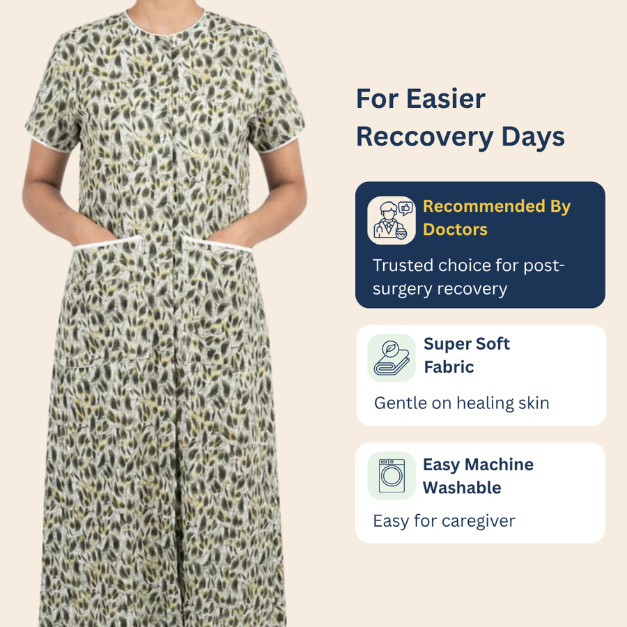 front open adaptive nighty for women post-surgery elderly wear green India | Aasra
