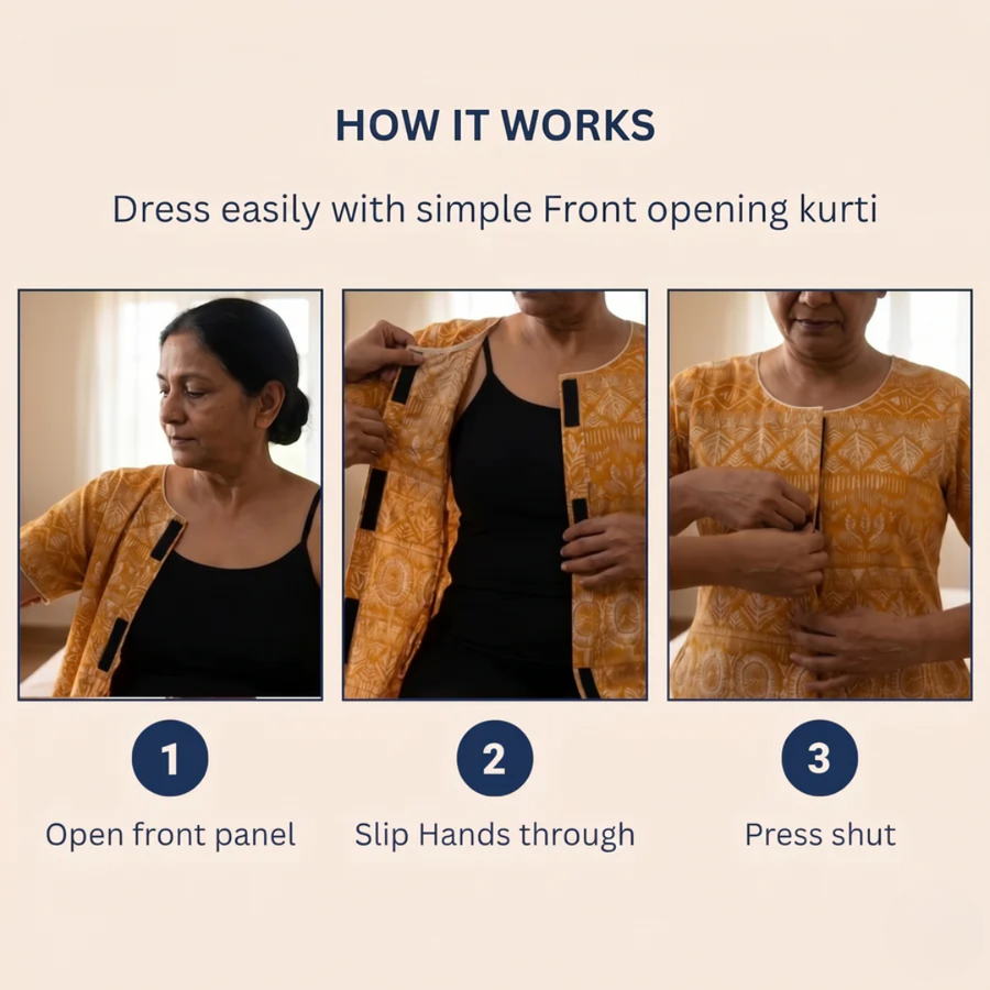 adaptive front-open velcro kurti for women elderly post-surgery yellow India | Aasra