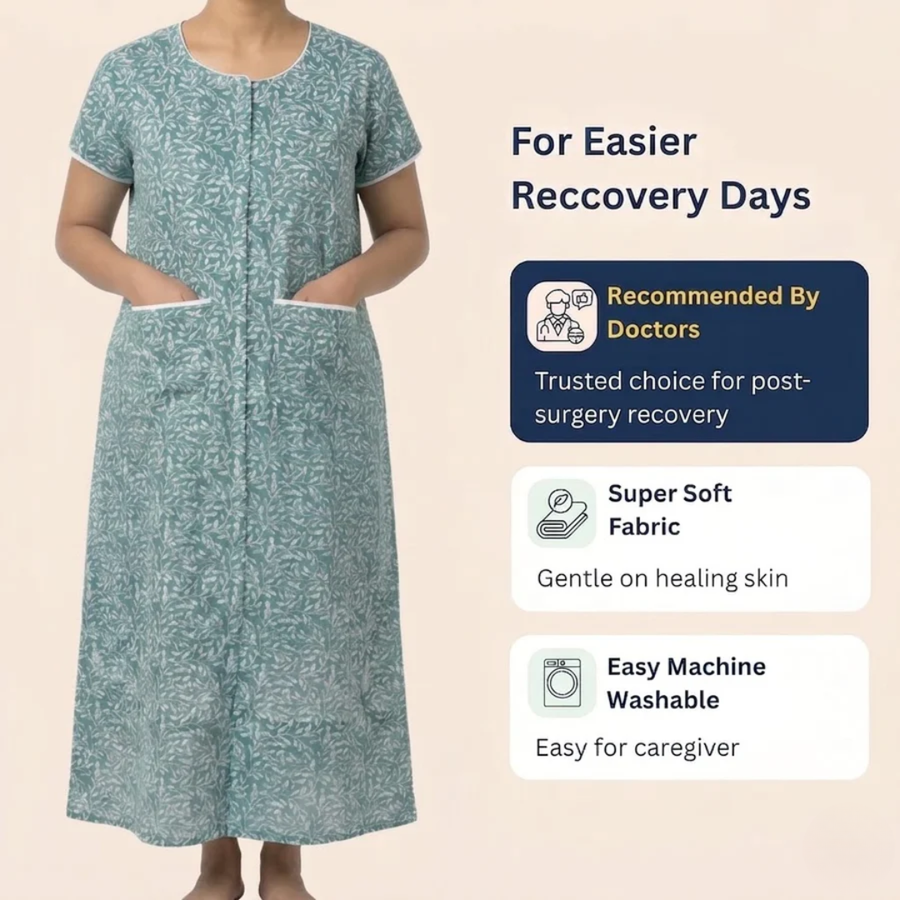 adaptive front-open nighty for women post-surgery elderly night dress blue India | Aasra