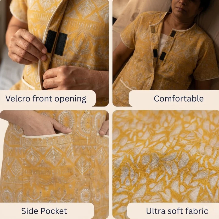 adaptive front-open nighty for women post-surgery elderly nightwear yellow India | Aasra