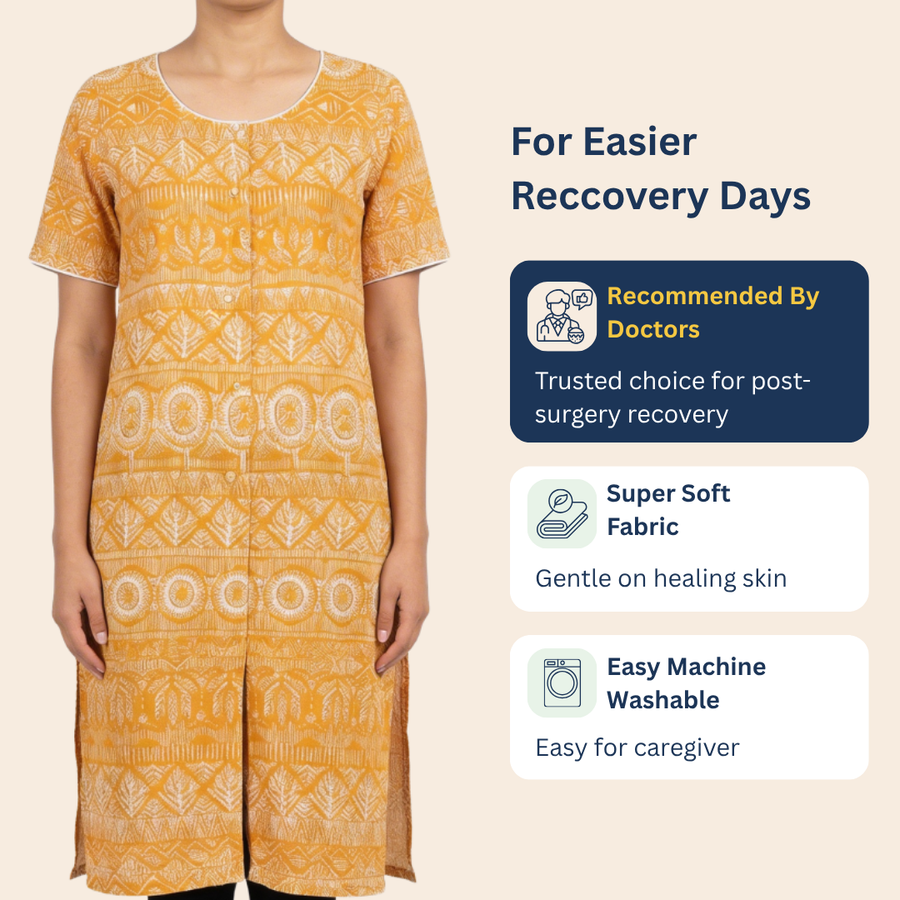 adaptive front-open velcro kurti for women elderly post-surgery yellow India | Aasra