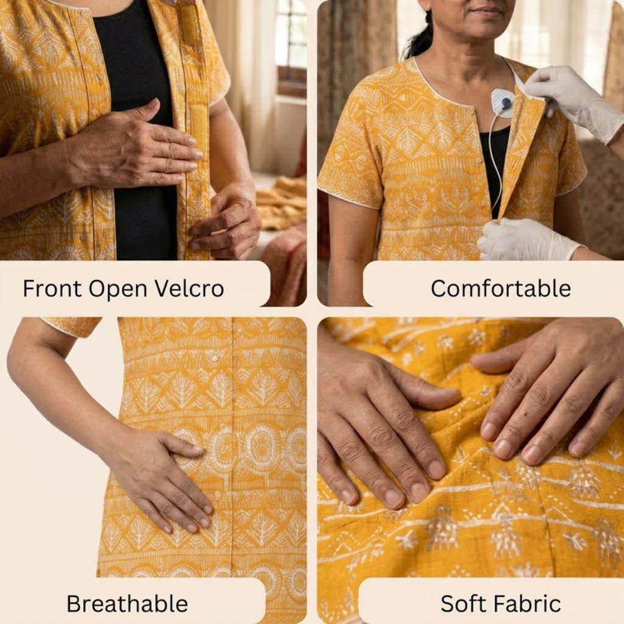 adaptive front-open velcro kurti for women elderly post-surgery yellow India | Aasra