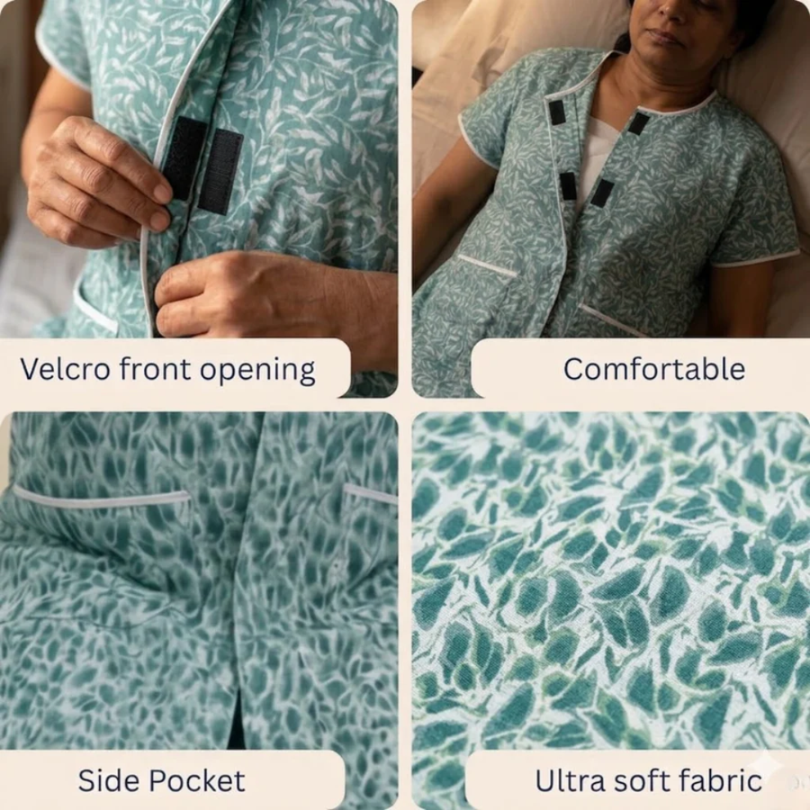 adaptive front-open nighty for women post-surgery elderly night dress blue India | Aasra