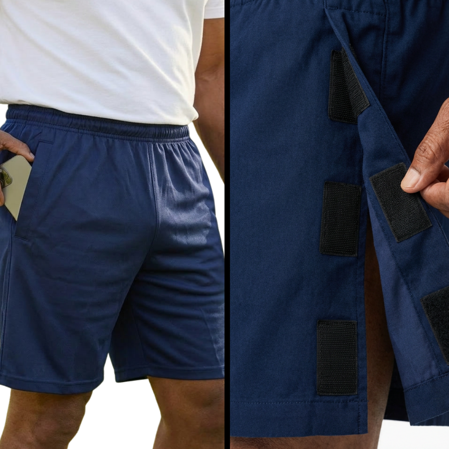 Adaptive tearaway shorts front view showing velcro side panels for knee recovery | Aasra
