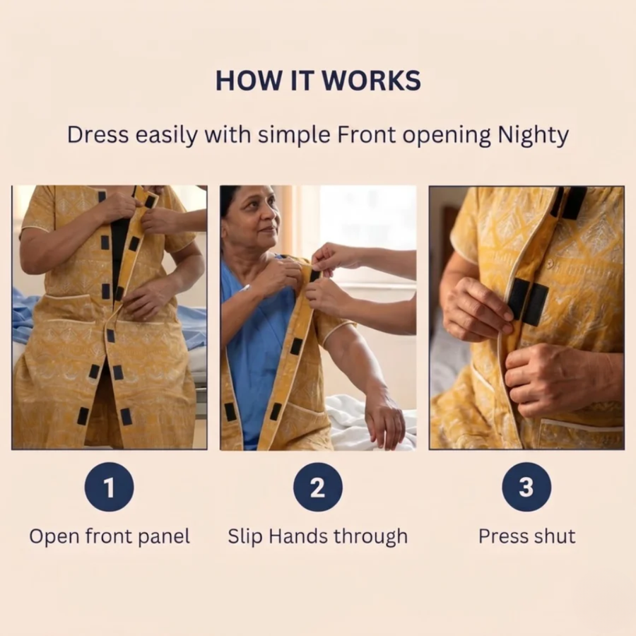 adaptive front-open nighty for women post-surgery elderly nightwear yellow India | Aasra
