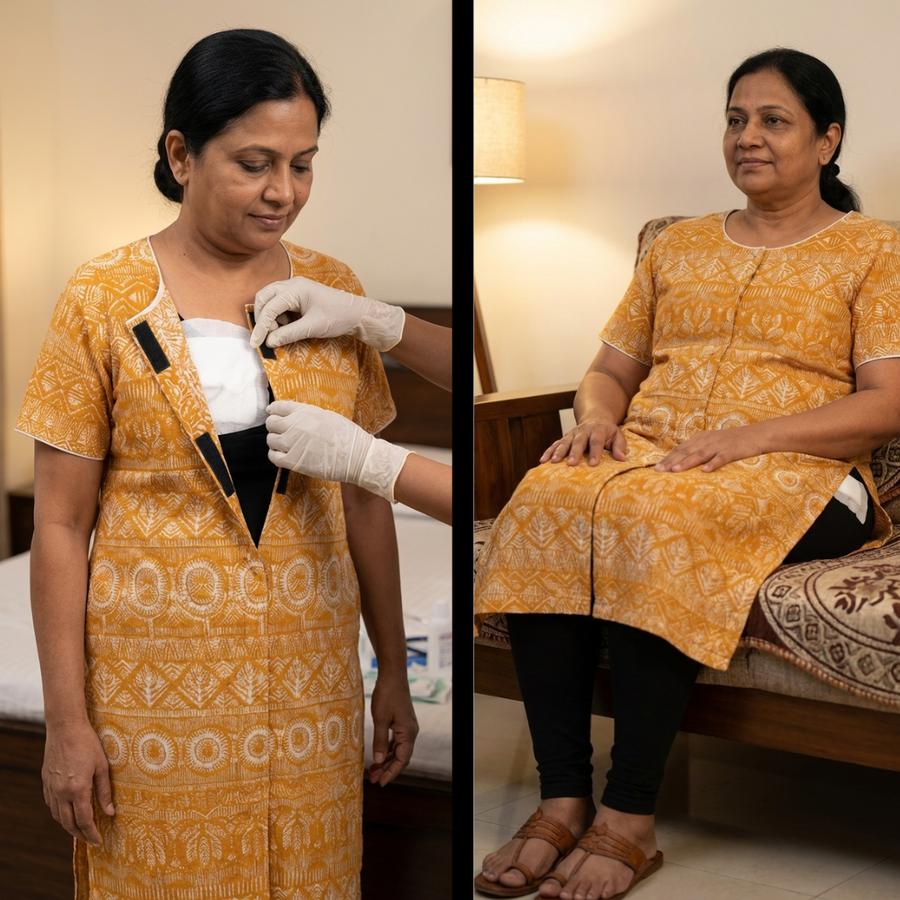 adaptive front-open velcro kurti for women elderly post-surgery yellow India | Aasra