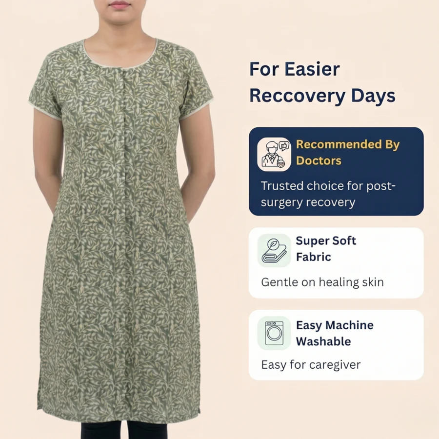 front-open kurti for elderly women adaptive Indian ethnic wear green India | Aasra