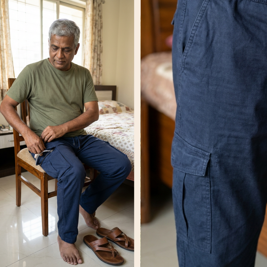 Women's adaptive catheter cargo pants open view showing side-zip access | Aasra