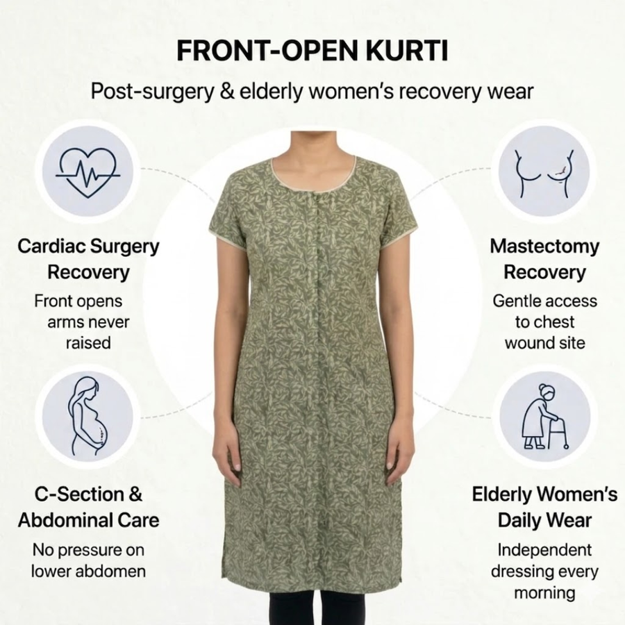 front-open kurti for elderly women adaptive Indian ethnic wear green India | Aasra