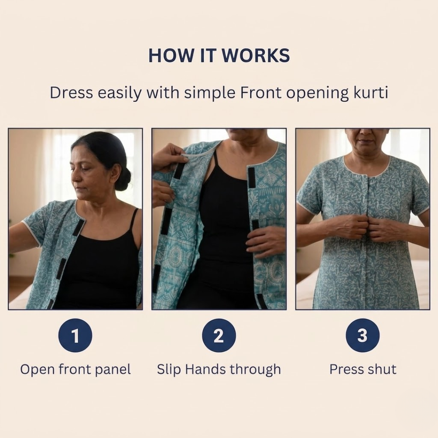 front-open adaptive kurti for women post-surgery elderly wear blue India | Aasra