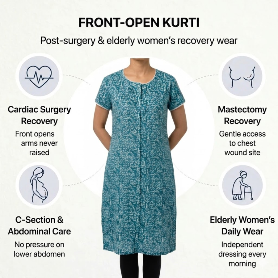 front-open adaptive kurti for women post-surgery elderly wear blue India | Aasra