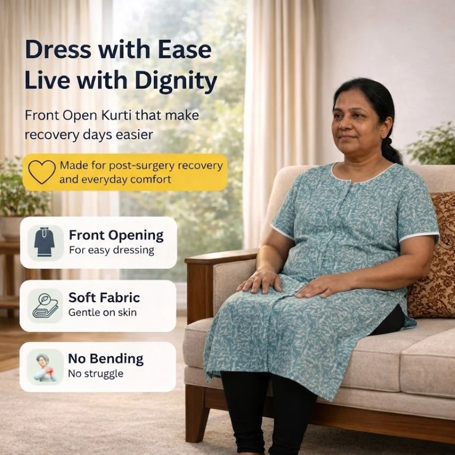 front-open adaptive kurti for women post-surgery elderly wear blue India | Aasra