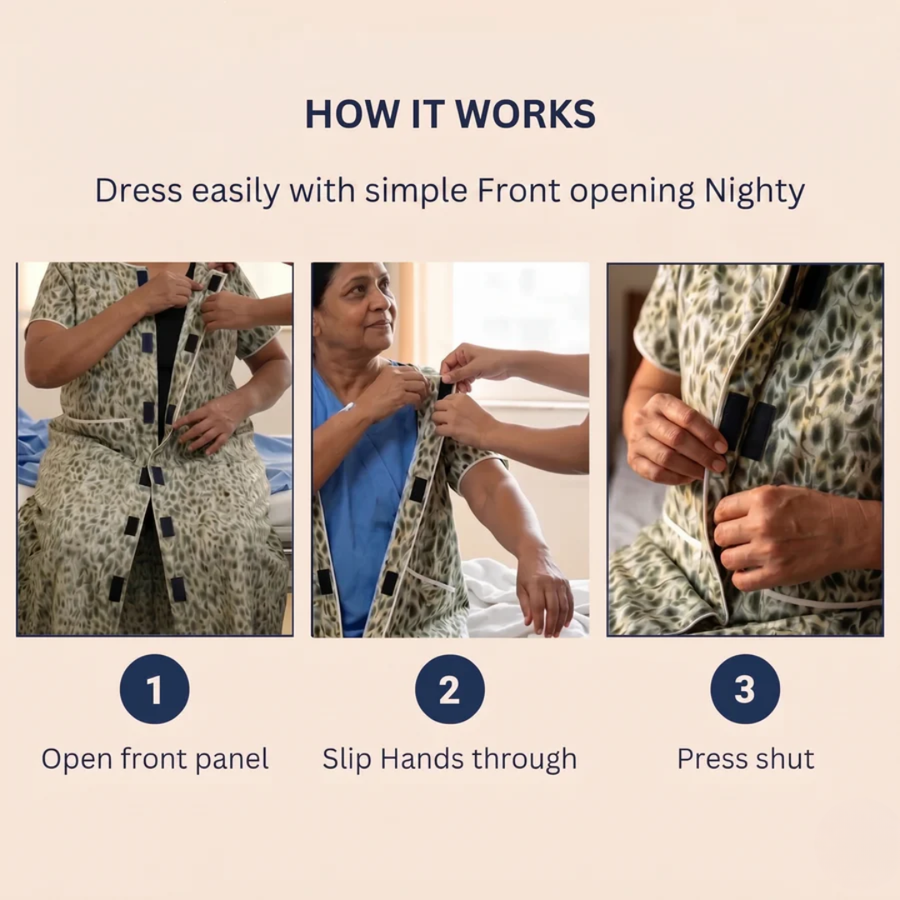 front open adaptive nighty for women post-surgery elderly wear green India | Aasra