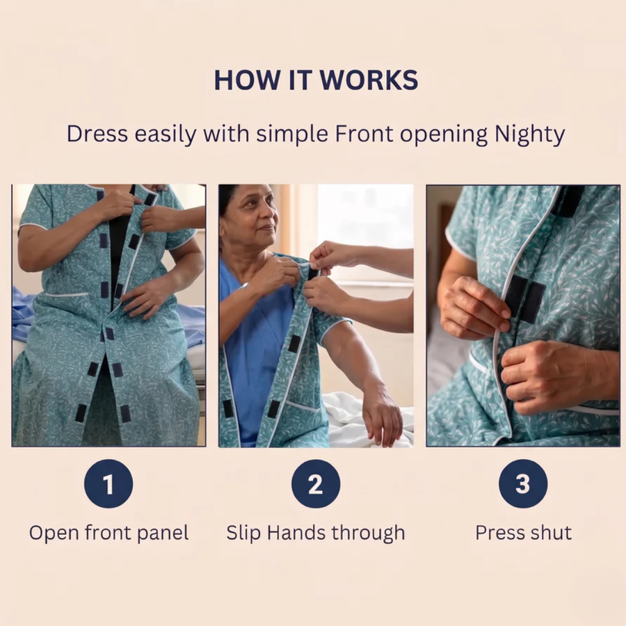 adaptive front-open nighty for women post-surgery elderly night dress blue India | Aasra