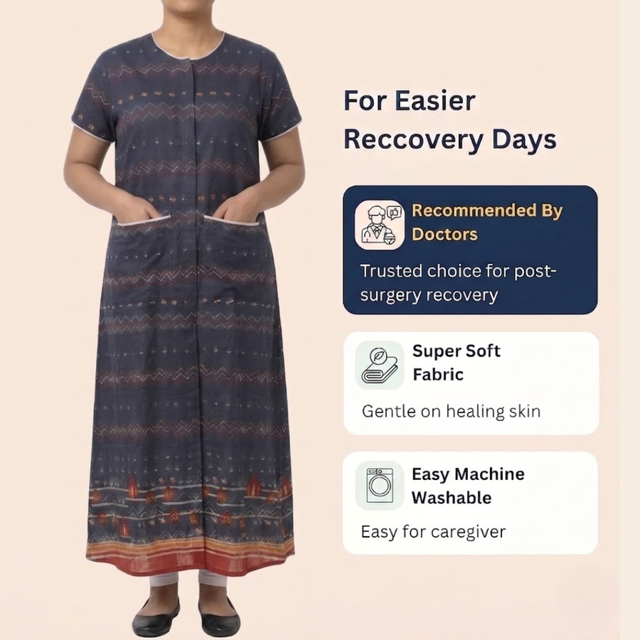 adaptive front-open nighty for women post-surgery elderly night dress dark brown India | Aasra