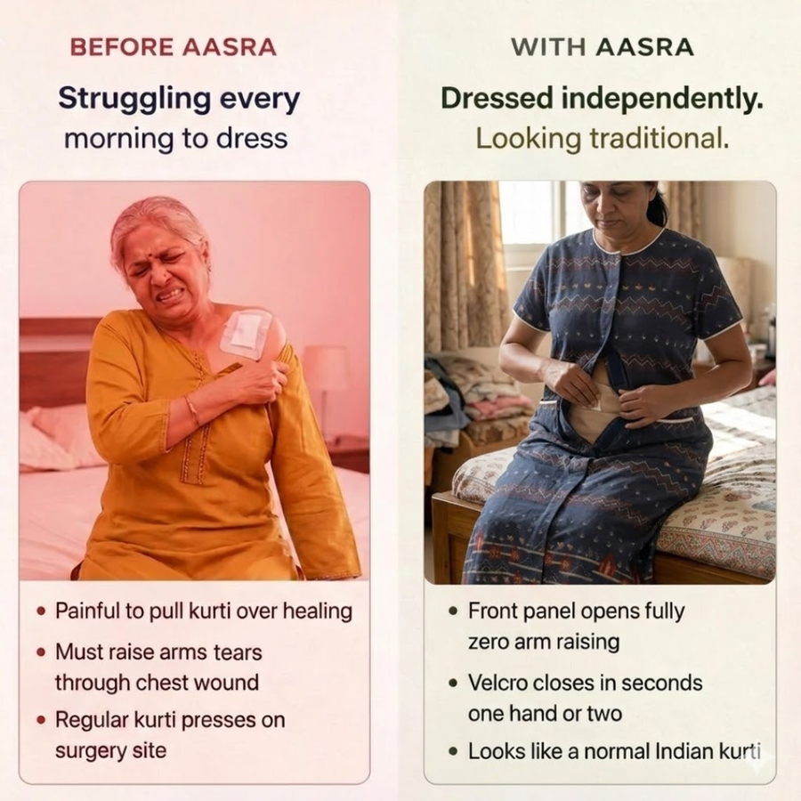 adaptive front-open nighty for women post-surgery elderly night dress dark brown India | Aasra