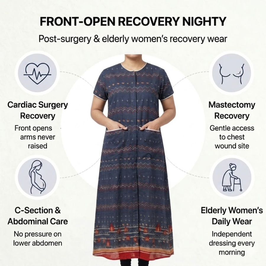 adaptive front-open nighty for women post-surgery elderly night dress dark brown India | Aasra