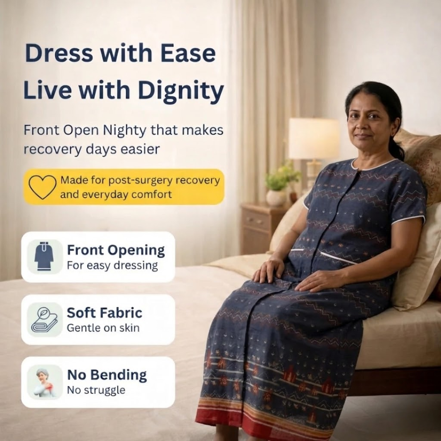 adaptive front-open nighty for women post-surgery elderly night dress dark brown India | Aasra
