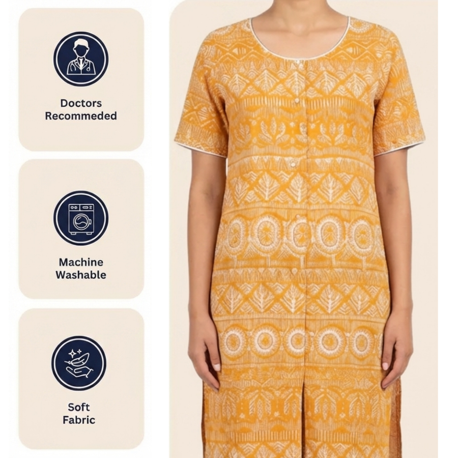 adaptive front-open velcro kurti for women elderly post-surgery yellow India | Aasra