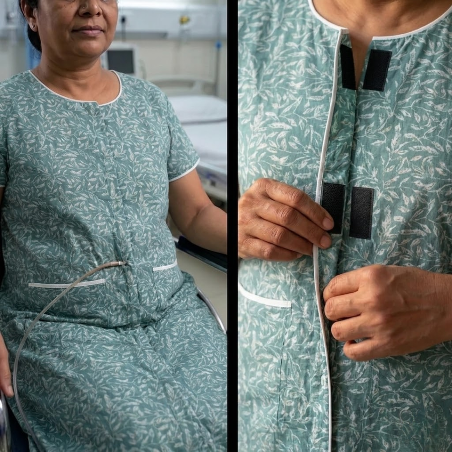 adaptive front-open nighty for women post-surgery elderly night dress blue India | Aasra
