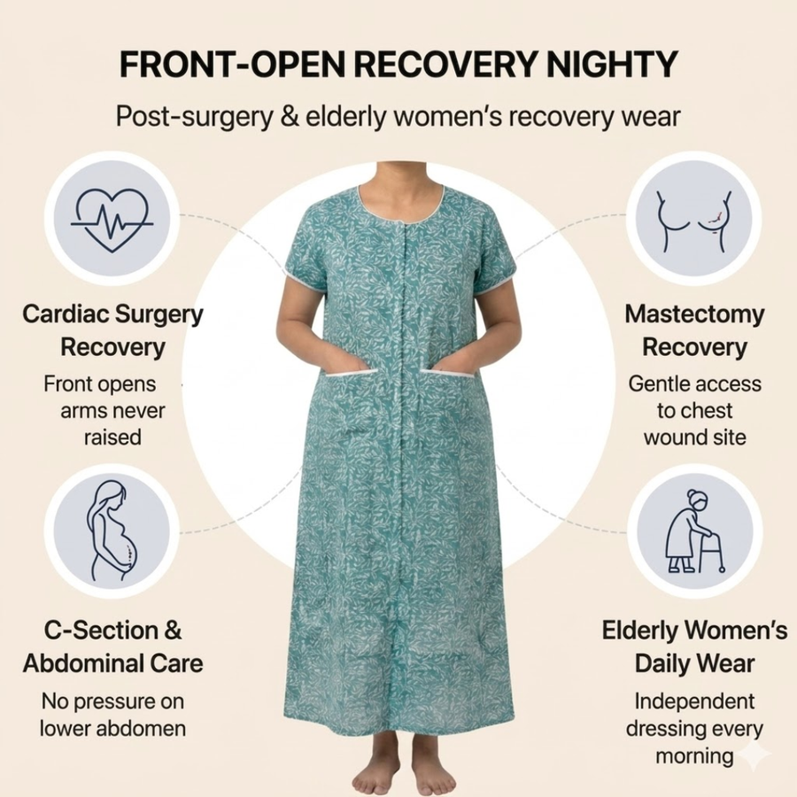 adaptive front-open nighty for women post-surgery elderly night dress blue India | Aasra