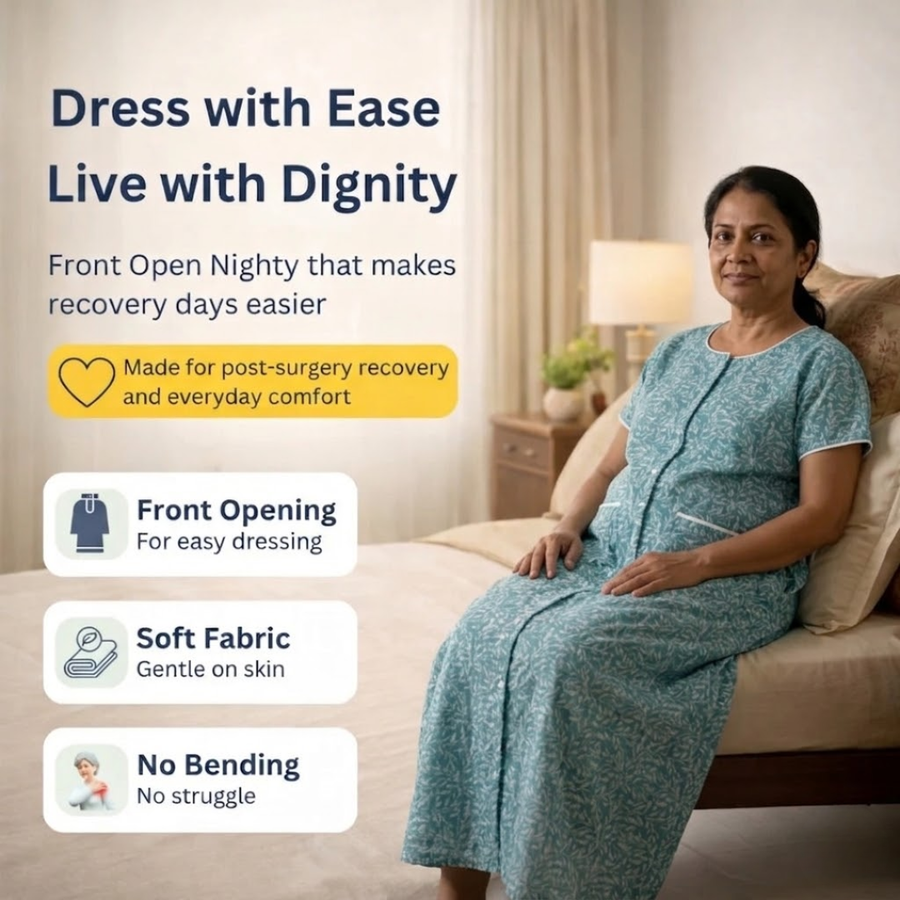 adaptive front-open nighty for women post-surgery elderly night dress blue India | Aasra