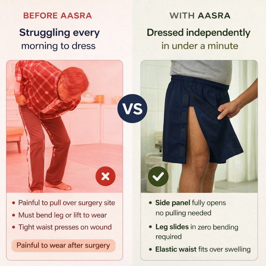 Adaptive tearaway shorts waistband detail for knee replacement recovery | Aasra