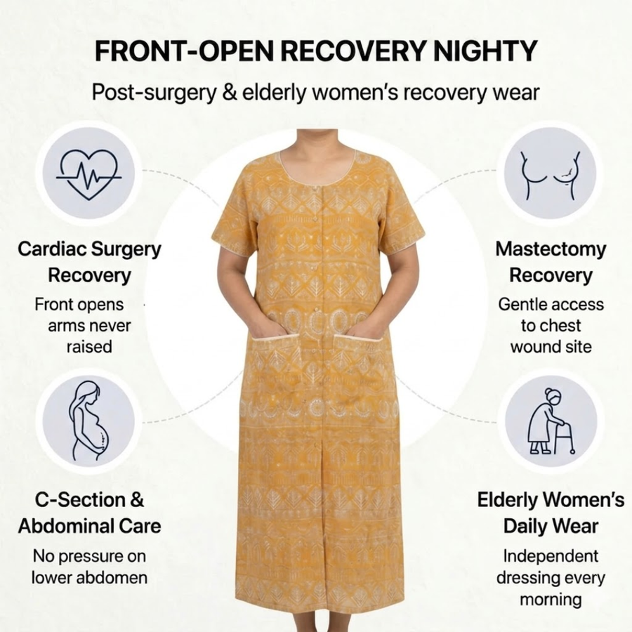 adaptive front-open nighty for women post-surgery elderly nightwear yellow India | Aasra