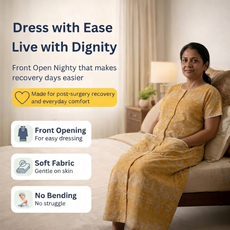 adaptive front-open nighty for women post-surgery elderly nightwear yellow India | Aasra