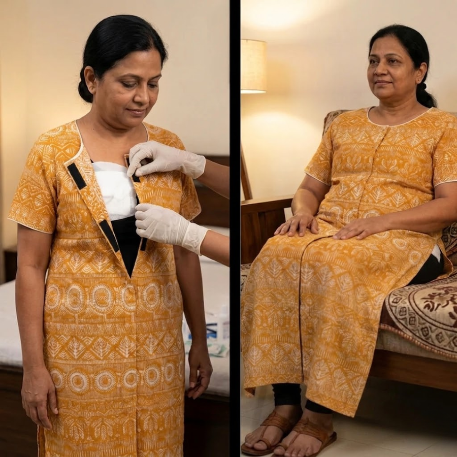 adaptive front-open nighty for women post-surgery elderly nightwear yellow India | Aasra