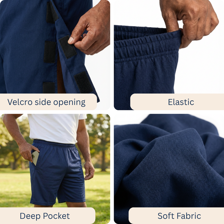 Velcro side opening detail adaptive tearaway shorts for hip surgery recovery | Aasra