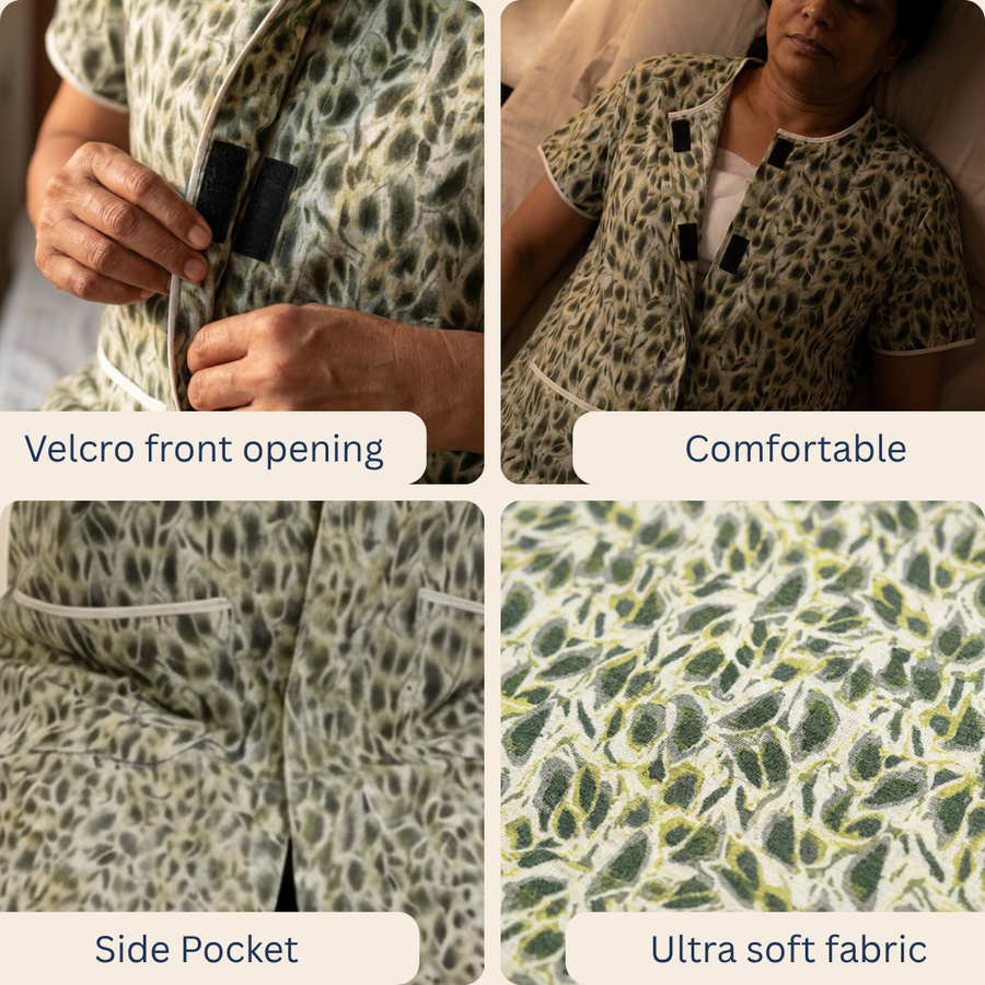 front open adaptive nighty for women post-surgery elderly wear green India | Aasra