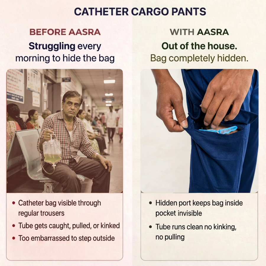Women's adaptive catheter cargo pants for discreet drain bag wearing | Aasra