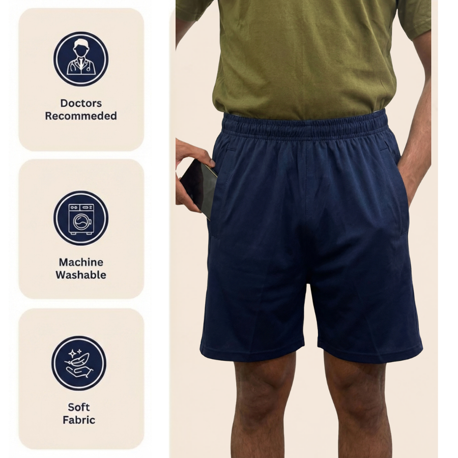 Adaptive tearaway shorts seated dressing position for hip surgery recovery | Aasra