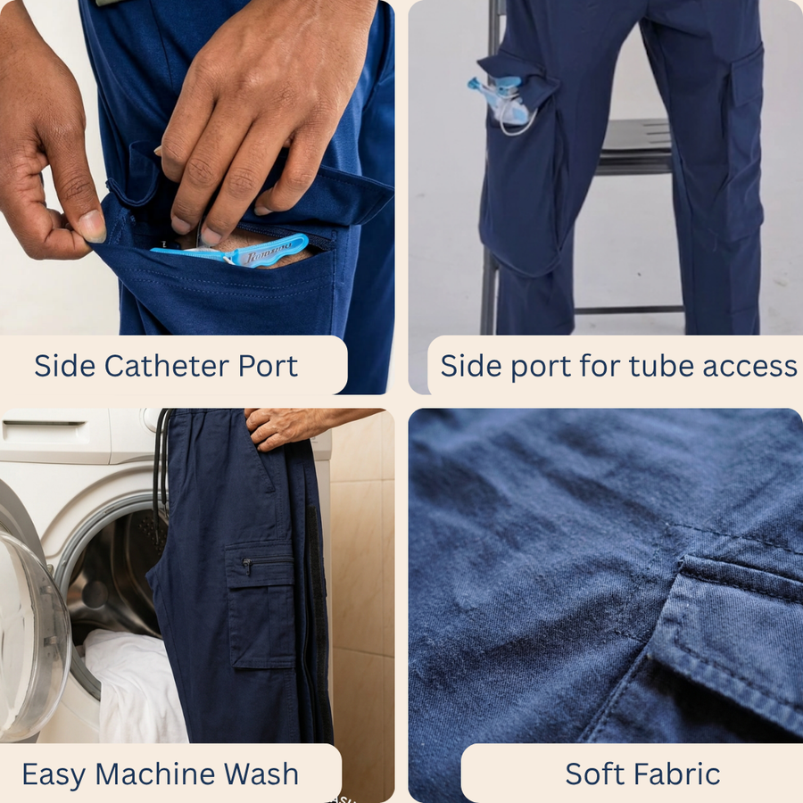 Women's catheter pants front panel detail with discreet port access | Aasra