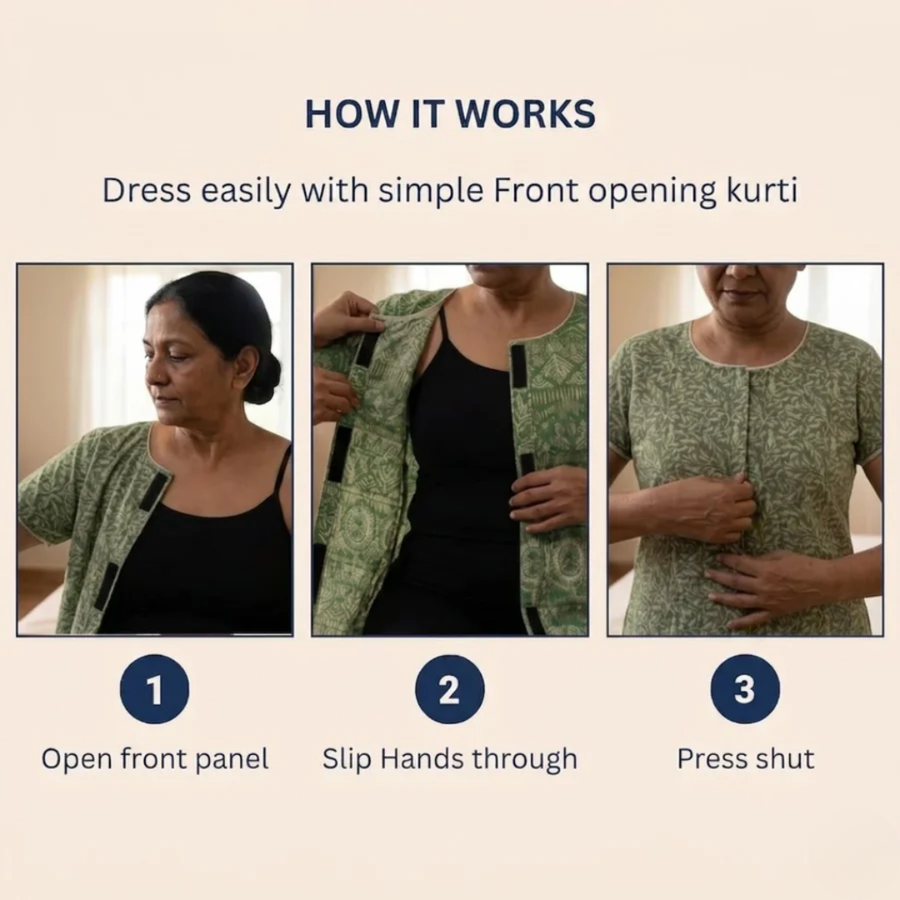 front-open kurti for elderly women adaptive Indian ethnic wear green India | Aasra