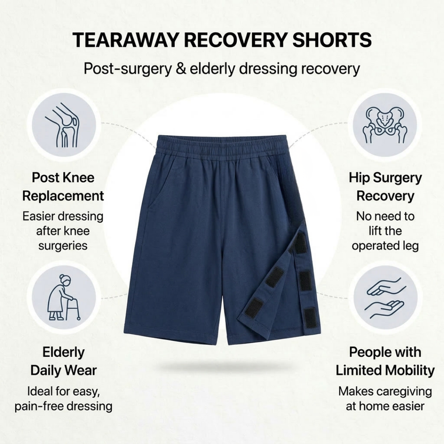 Full front view adaptive tearaway shorts for elderly mobility and knee recovery | Aasra