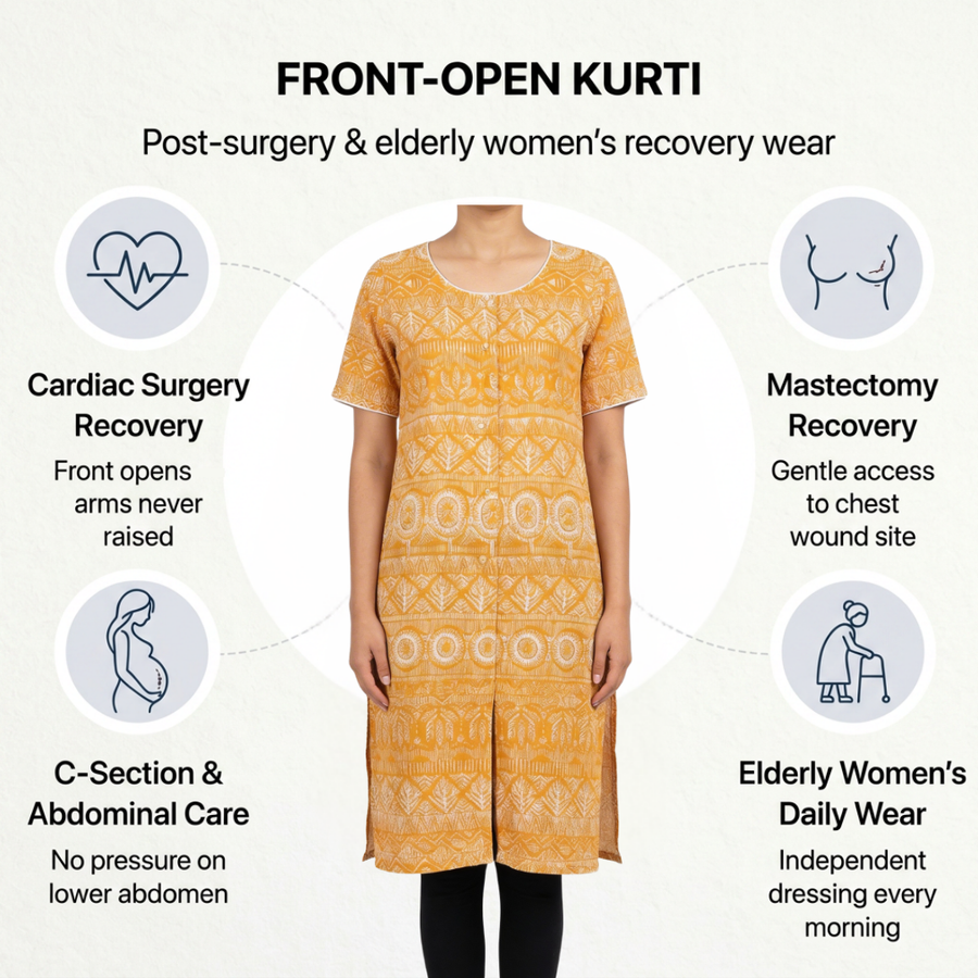 adaptive front-open velcro kurti for women elderly post-surgery yellow India | Aasra