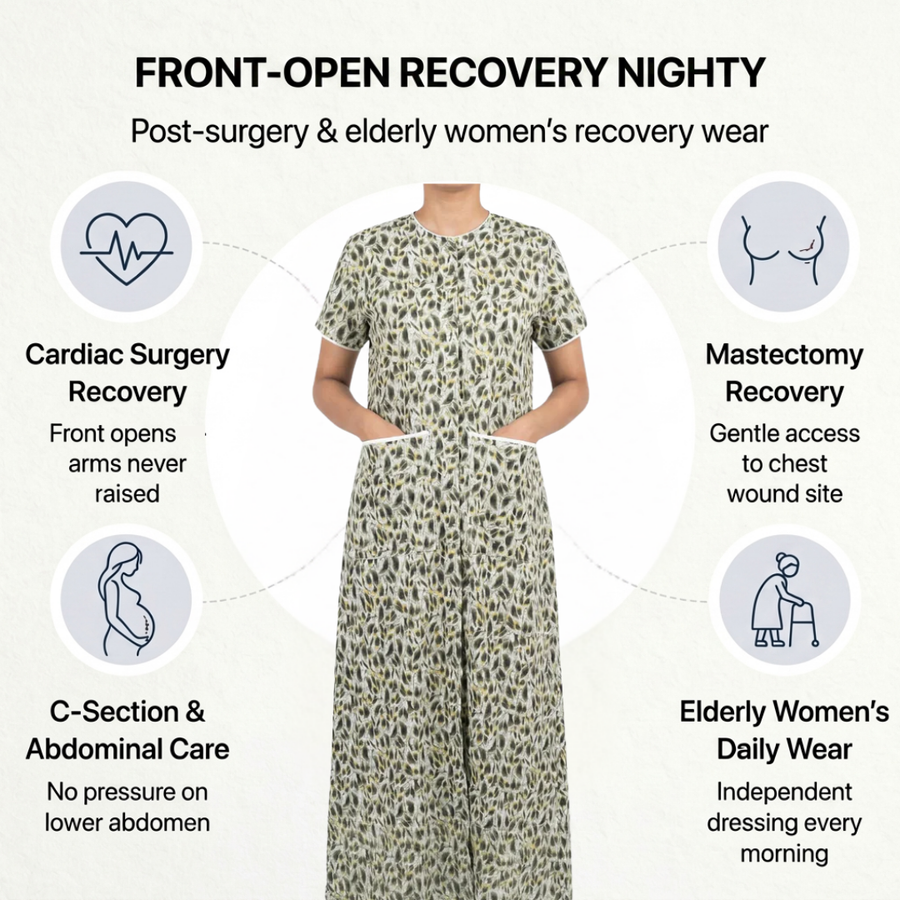 front open adaptive nighty for women post-surgery elderly wear green India | Aasra