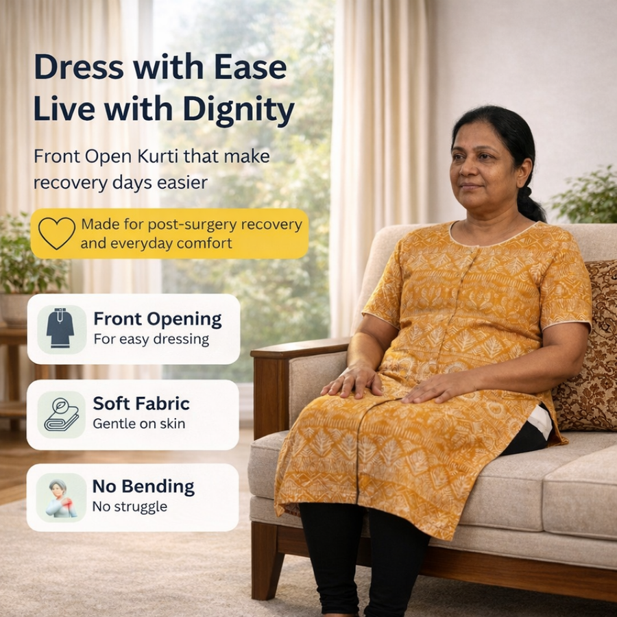 adaptive front-open velcro kurti for women elderly post-surgery yellow India | Aasra