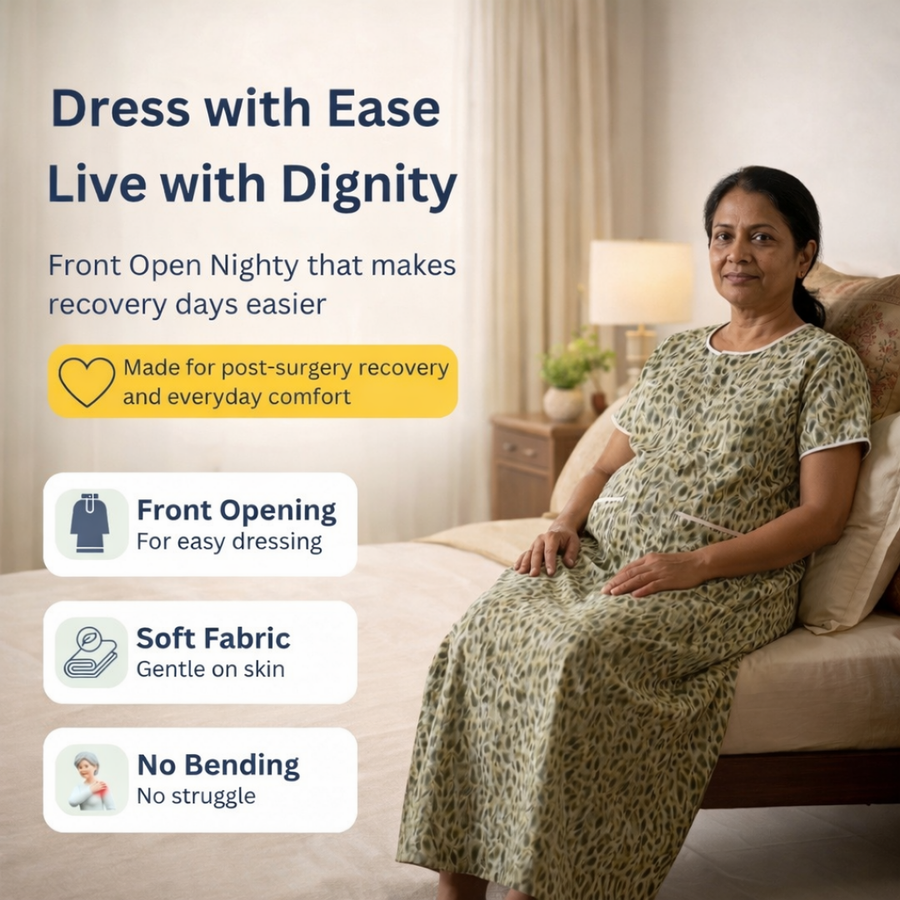front open adaptive nighty for women post-surgery elderly wear green India | Aasra